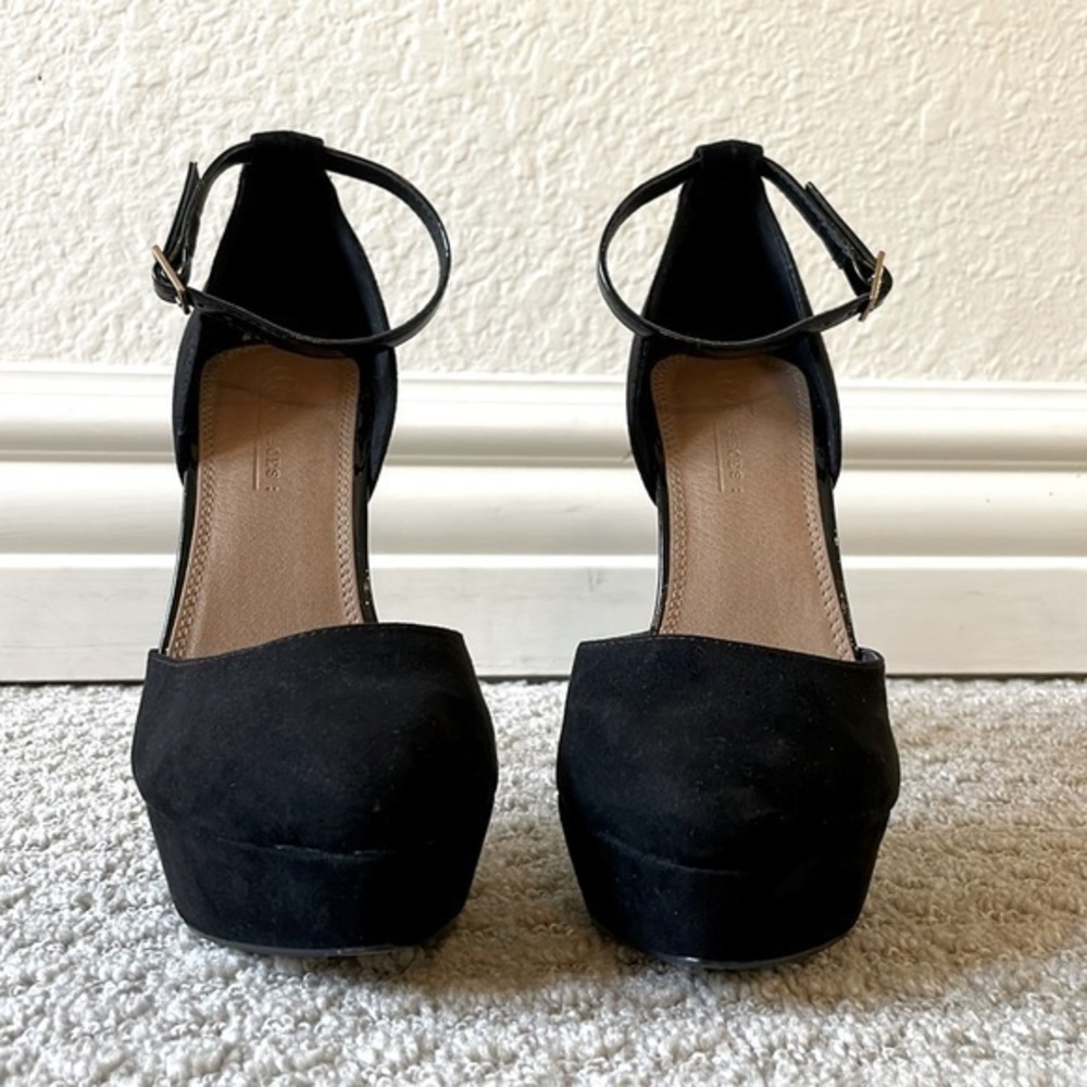 ASOS Black Faux Suede Platform Stiletto With Ankle Strap Pumps